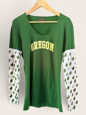 OREGON DUCKS XL Women's Long Sleeve Scoop Neck Tee - Green with Printed Sleeves